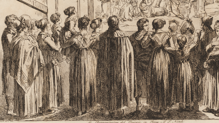  Bartolomeo Pinelli, La representaci&oacute;n del Bel&eacute;n en Roma - Santa Navidad, 1821, grabado, detalle &copy; Biblioteca Apost&oacute;lica Vaticana