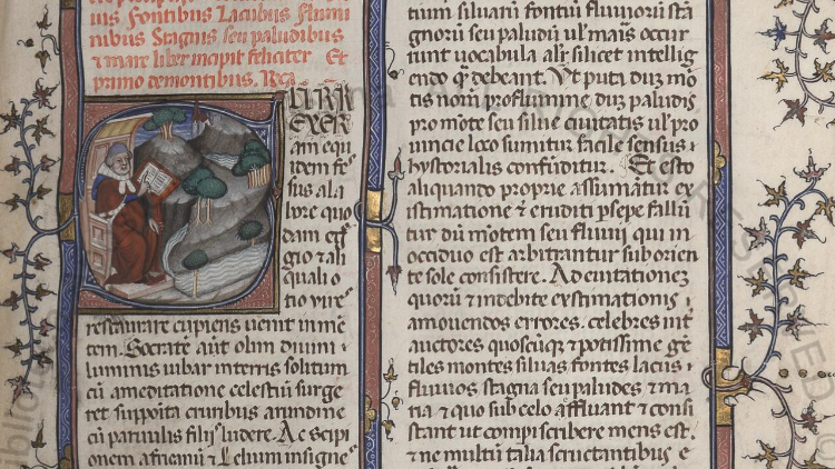 L'autore Giovanni Boccaccio legge un libro assiso in cattedra, immerso in un paesaggio rappresentato con monti, alberi e fiumi,  Citt&agrave; del Vaticano, &copy; Biblioteca Apostolica Vaticana, Reg. lat. 1477, f. 1r ,  https://digi.vatlib.it/view/MSS_Reg.lat.1477