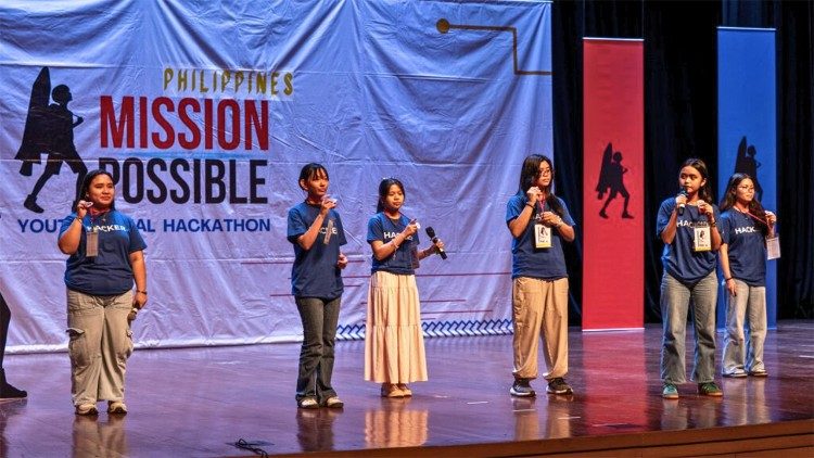 Student hackers from Assumption Antipolo make their 5-minute pitch for funding at MISSION POSSIBLE Philippines to make their solution a reality, October 2025.