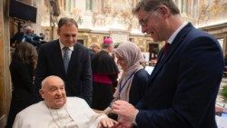 Pope Francis greets Magnus MacFarlane-Barrow at the International Summit for Children