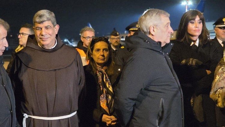 Fr. Ibrahim Faltas with Italian Foreign Minister Antonio Tajani at Rome's Ciampino airport on February 13