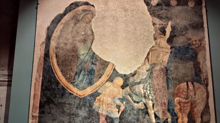 Frammento di affresco proveniente dal piano nobile del palazzo che mostra l'apparizione della Vergine al cardinale Vitelleschi, sullo sfondo di una città identificata in Tarquinia (1437 1439.)
