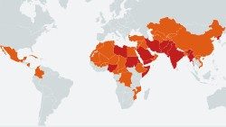 Карта з пазначэннем краін, якія ўвайшлі ў "World Watch List 2025"