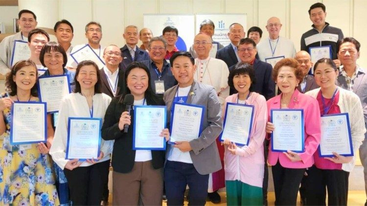 Participants of the inaugural Catholic Business Wisdom Enhancement Program Academy proudly hold their certificates at the closing ceremony in Nakorn Pathom, Thailand. Photo: Catholic Business Executives and Professionals