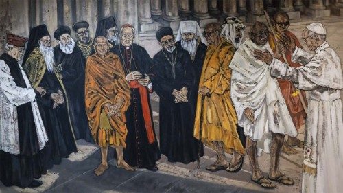 Il grande dipinto della sede del Dicastero per il Dialogo Interreligioso, con Paolo VI (a destra), Ghandi e i leader delle religioni mondiali