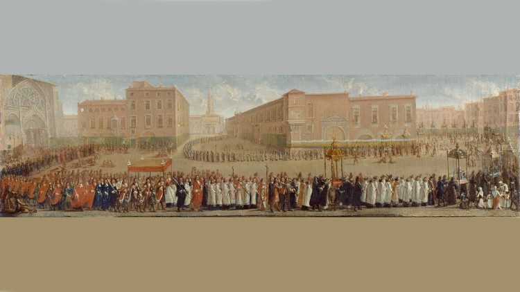 Procissão dos Santos Corpos saindo da Catedral dos Agostinhos, em Toulouse, na França