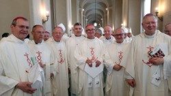 Od lewej: Abp Tadeusz Wojda SAC wraz z biskupami z Polski podczas Jubileuszu Biskupów