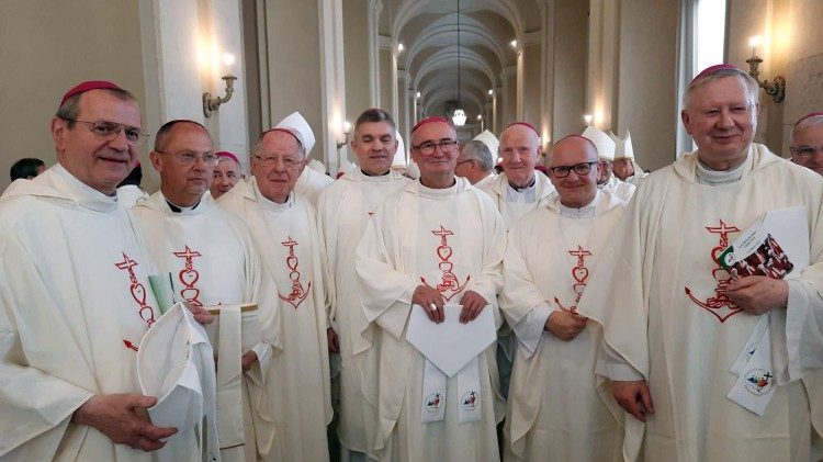 Od lewej: Abp Tadeusz Wojda SAC wraz z biskupami z Polski podczas Jubileuszu Biskupów