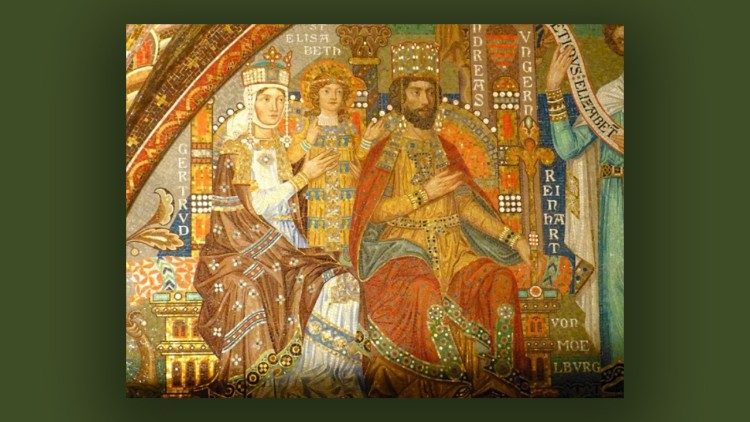 Gertrúd királyné, Szent Erzsébet, II. András király - mozaikkép Wartburgban