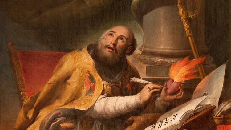 Santo Agostinho (VALENCIA, SPAIN - FEBRUAR 14, 2022: The baroque painting of St. Augustine in the Cathedral after original by Claudio Coello)