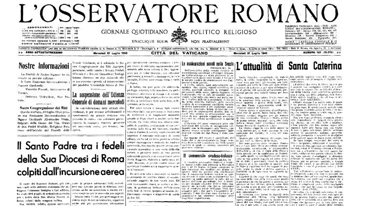 A primeira página do jornal sobre o bombardeio de Roma em 1943
