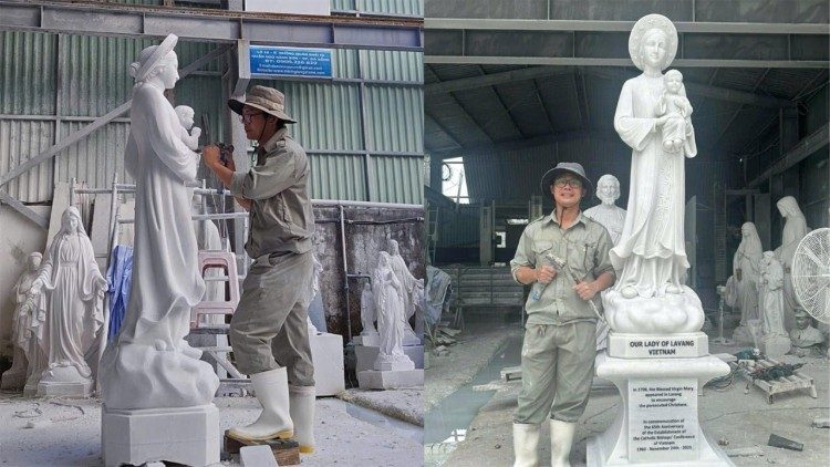 Nghệ nhân Giuse Trần Văn Giang đang điêu khắc tượng