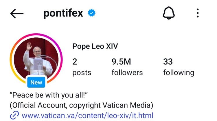Skärmbild på påve Leo XIV.s Instagramkonto @pontifex