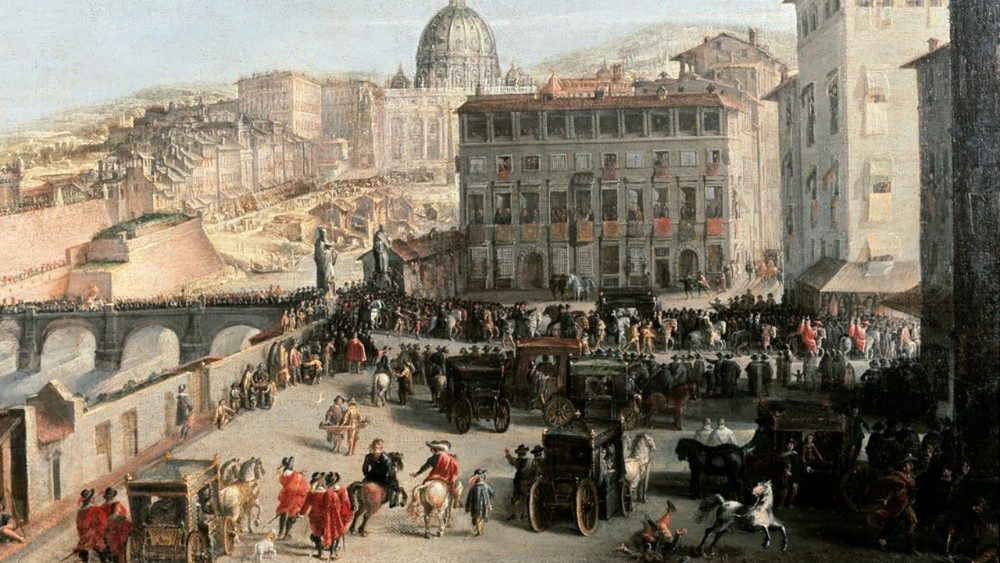 Autore attivo a Roma nella prima metà del XVII sec., Corteo papale a ponte Sant’Angelo, 1600-1637, olio su tela, cm 93x132., Museo di Roma 