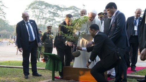Pope Francis plants a tree at the National Martyrs’ Memorial in Bangladesh on November 30, 2017