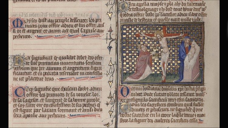 Crucifixión, Biblia moralizada, Reg. lat. 25, París, c. 1410, (300x326 mm; ff. 323), © Biblioteca Vaticana