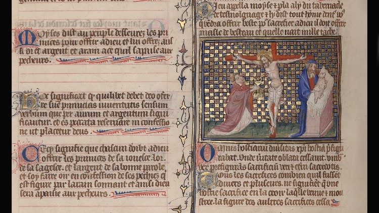 Crocifissione, Bibbia moralizzata, Reg. lat. 25, Parigi, 1410 ca., (mm 300x326; ff. 323), © Biblioteca Apostolica Vaticana