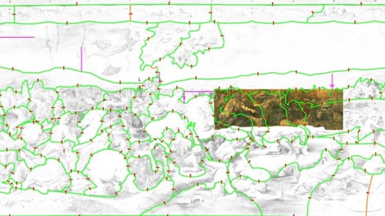 Lo schema di studio delle singole giornate di esecuzione dell'affresco. Le linee verdi delimitano le stesure di intonaco e le frecce rosse la sovrapposizione tra le varie stesure 