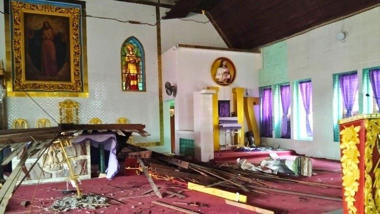 The interior of Sacred Heart Cathedral in Taungoo, Myanmar, shows extensive damage following the powerful earthquake that struck central Myanmar. Photo courtesy of Fr. Justin MYN, SJ