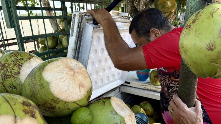 A man sells coconut water on the banks of the Amazon River