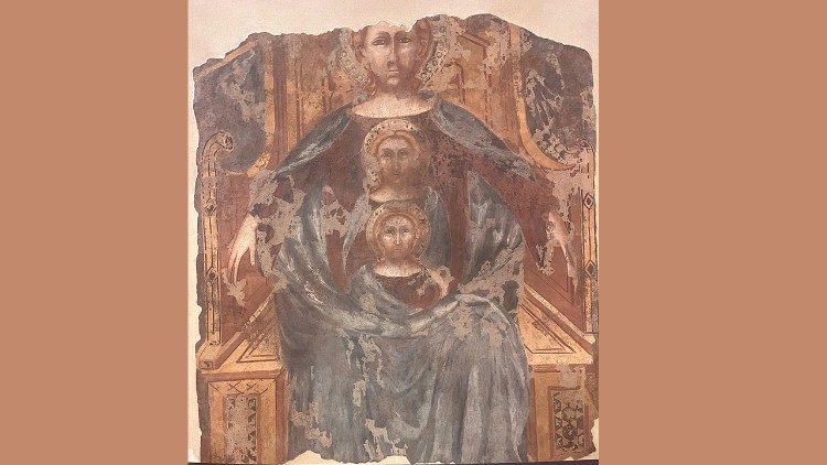 Trinità antropomorfa, affresco staccato, 1330-1340 circa, Roma, Museo di Roma, dalla chiesa di San Salvatore alle tre immagini (distrutta nel 1888)]