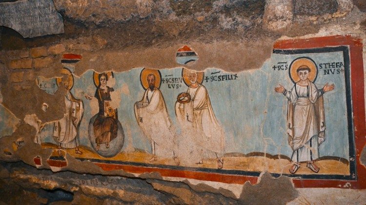 Freska „Traditio Clavium“ Komodilos katakombose 