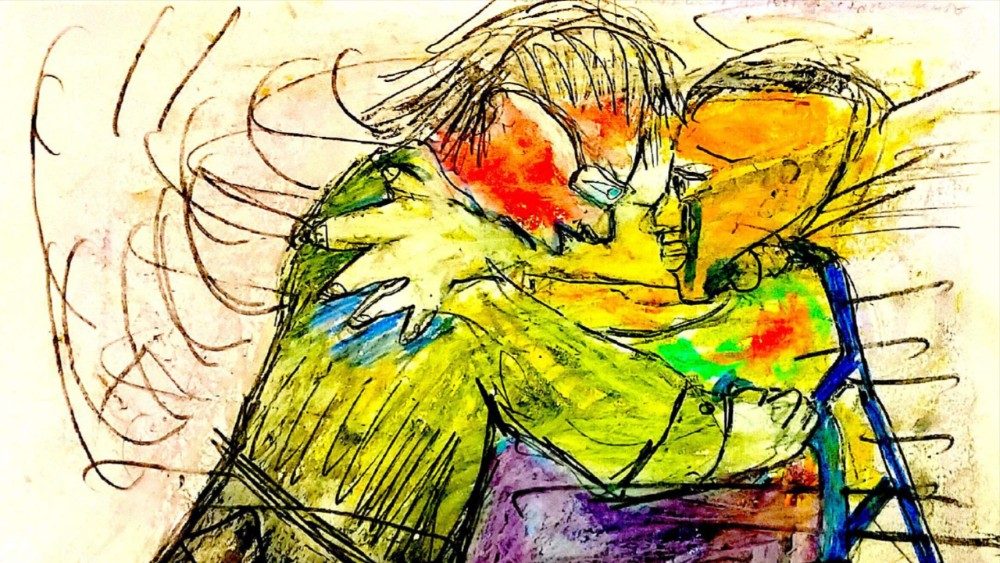 16. Seven abbraccia William (lo scrittore) con il deambulatore (Giuseppe Corvaglia)