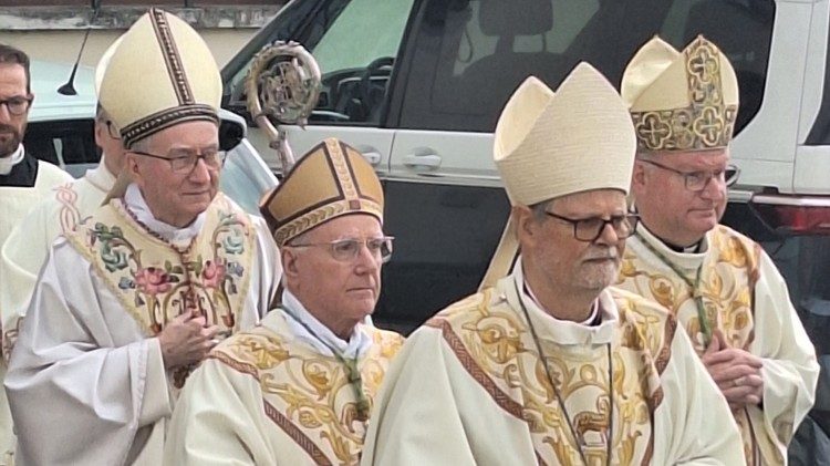 Il cardinale Parolin durante la processione d'ingresso al santuario, con alcuni vescovi veneti