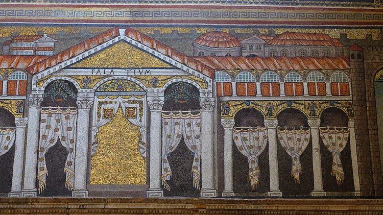 Il Palazzo di Teodorico, VI sec., mosaico, Basilica di Sant'Apollinare Nuovo, Ravenna.