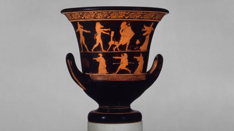Cratere a calice attico a figure rosse del V secolo a.C. attribuito al Pittore di Pers&eacute;fone raffigurante Odisseo che insegue la maga Circe alla presenza dei compagni trasformati in animali, Metropolitan Museum of Art di New York. 