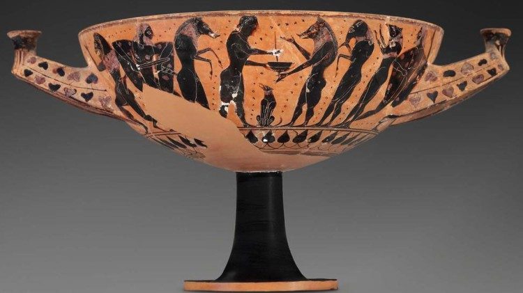 Kylix attica a figure nere del VI secolo a.C. attribuita al Pittore di Polifemo raffigurante la maga Circe mentre offre la pozione magica ai compagni di Ulisse trasformati in animali, Museum of Fine Arts di Boston