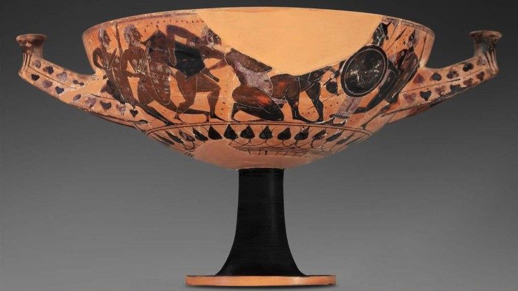 Kylix attica a figure nere con Odisseo e il Ciclope Polifemo, attribuita al Pittore di Polifemo, circa 560–550 a.C., Pittore di Polifemo,  Museum of Fine Arts di Boston. 