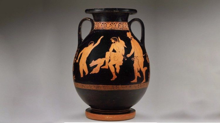 Pelike attica a figure rosse attribuita al Pittore di Lykaon, databile al 440 avanti Cristo e rinvenuta a Gela, in Sicilia. Scena dell'evocazione dei morti tratta dall’XI libro dell'Odissea, Museum of Fine Arts di Boston