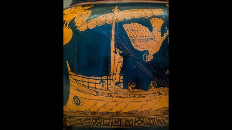 Stamnos attico a figure rosse con Ulisse e le Sirene (particolare), ca. 480–470 a.C., attribuito al cosiddetto Siren Painter. British Museum, Londra