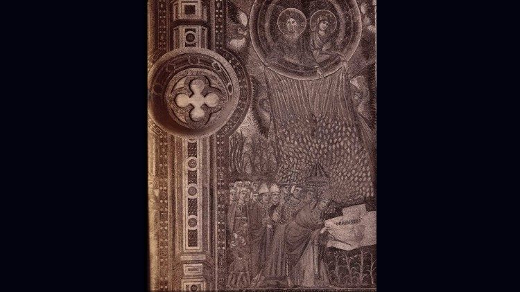 Filippo Rusuti e bottega, Papa Liberio traccia il perimetro della basilica sulla neve miracolosa, 1294-1308 ca., mosaico della Loggia delle Benedizioni, Basilica di Santa Maria Maggiore (&copy; Archivio Zeri).