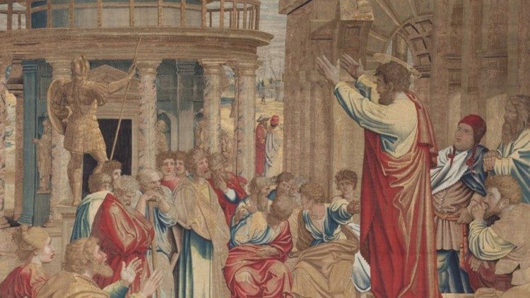 "Predica di San Paolo in Atene", uno degli arazzi dedicati agli Atti degli Apostoli commissionati da Leone X per decorare la Cappella Sistina ©MuseiVaticani
