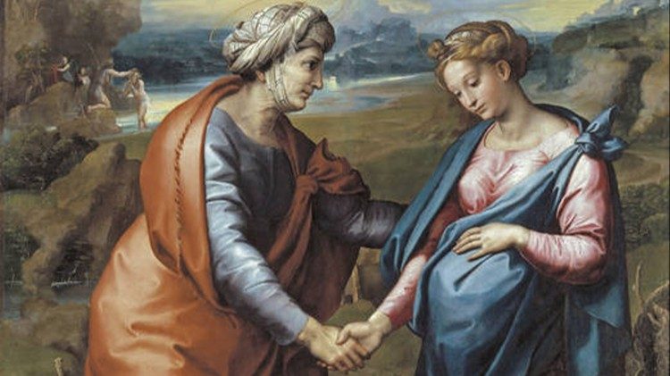 Raffaello, Visitazione, 1517-1519, olio su tavola trasportata su tela, 200 &times; 145 cm, Museo Nacional del Prado, Madrid.