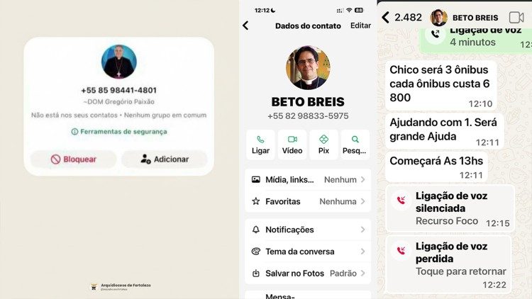 Evid&ecirc;ncias do crime: capturas de tela mostram os perfis falsos e as mensagens utilizadas por golpistas no WhatsApp para extorquir fi&eacute;is em nome de dom Greg&oacute;rio Paix&atilde;o e dom Beto Breis