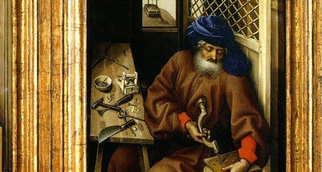 Taller de Robert Campin, San Jos&eacute; Obrero (detalle), Tr&iacute;ptico de la Anunciaci&oacute;n (Retablo de M&eacute;rode), ca. 1427-1432, Museo Metropolitano de Arte, Nueva York. Dos trampas para ratones est&aacute;n colocadas en la ventana y en el banco de trabajo.