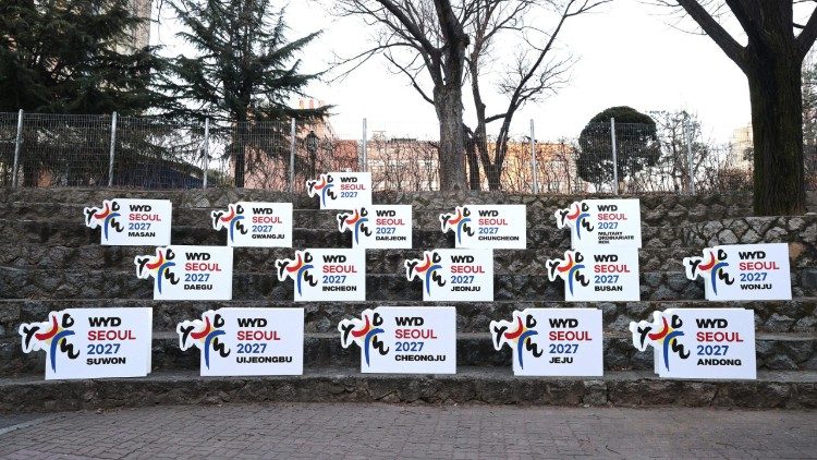 WYD Seoul 2027 logo sculptures bearing the names of Korea’s 15 dioceses are displayed ahead of their distribution for the nationwide pilgrimage of the World Youth Day symbols. Photo: