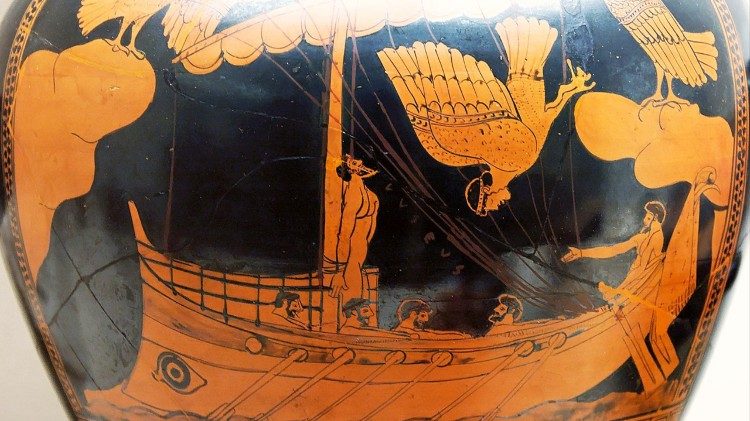 Stamnos attico a figure rosse con Ulisse e le Sirene, ca. 480–470 a.C., attribuito al cosiddetto Siren Painter. British Museum, Londra