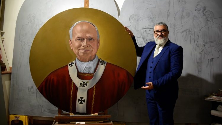 Mal&iacute;ř Rudolfo Papa s papežsk&yacute;m portr&eacute;tem, předlohou pro mozaikov&eacute; tondo