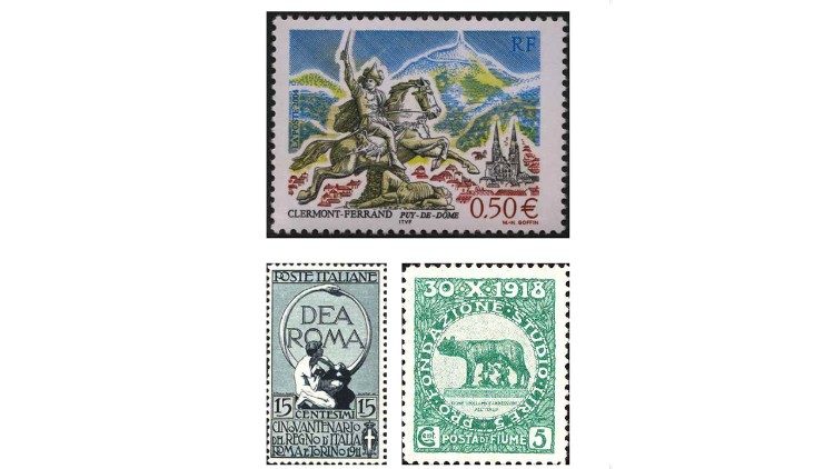 Francobollo da 15 centesimi di lira emesso nel 1911 dalle poste italiane in celebrazione del 50&deg; anniversario della nascita del Regno d’Italia; Francobollo emesso dalle poste fiumane nel 1919 per commemorare il referendum di annessione all’Italia raffigurante la Lupa capitolina. Francobollo da 15 centesimi di lira emesso per il servizio postale dell’Africa Orientale Italiana nel 1938 raffigurante un soldato che sostiene una insegna legionaria romana.