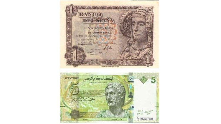Dritto della banconota spagnola da 1 peseta con raffigurazione della Dama di Elche (1948) e dritto di banconota tunisina da 5 dinari con raffigurazione del presunto ritratto di Annibale da Capua con legenda esplicativa in caratteri arabi e latini (2013).