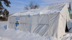 Ein Caritas-Wärmezelt in Kyiv, Ende Januar