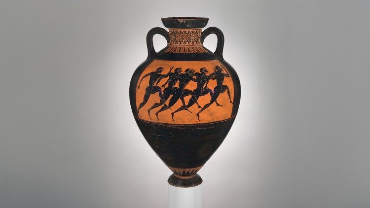 Anfora panatenaica a figure nere, 530 a.C., attribuita al Pittore Euphiletos, 530 a.C. ca. Lato B con gara podistica tra cinque giovani.  The Metropolitan Museum of Art, New York