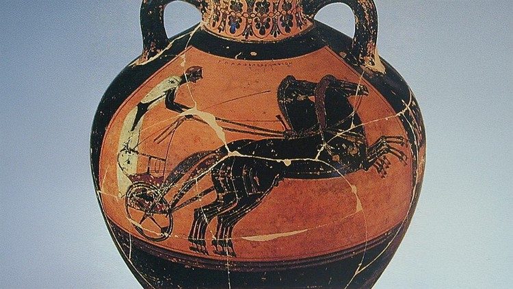 Anfora panatenaica a figure nere attribuita al Pittore di Euphiletos, con un auriga su quadriga (tethrippon), 550- 540 circa a.C., L’anfora era il premio ufficiale dei Giochi Panatenaici di Atene. Conteneva olio d'oliva sacro. Museo archeologico nazionale di Firenze