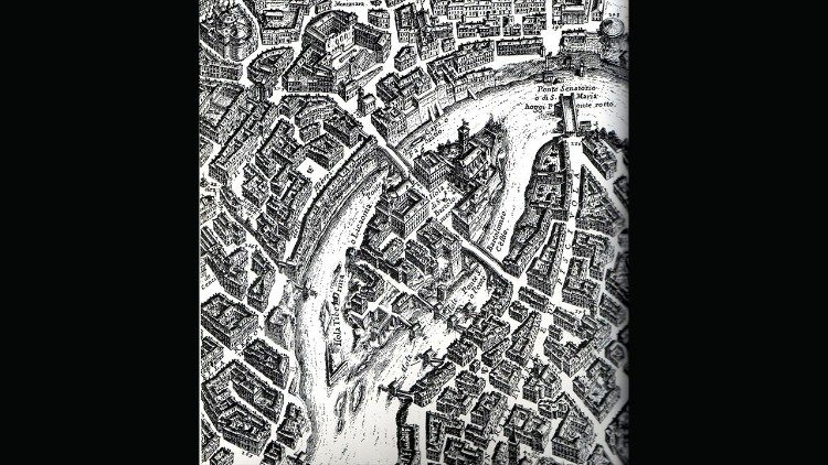 L’Isola Tiberina e il quartiere di Trastevere nella pianta di Roma di Giovanni Battista Falda (1676).