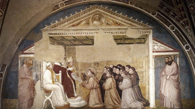 Giotto di Bondone (e bottega), Conferma della regola francescana, ca. 1325, Affresco, Firenze, Basilica di Santa Croce, Cappella Bardi (parete destra, lunetta)