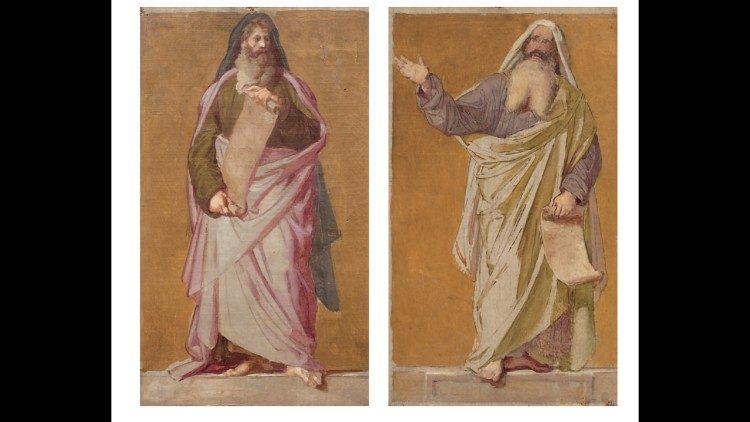 Nicola Consoni, Bozzetto per il cartone del mosaico della facciata della basilica di San Paolo: il Profeta Isaia e il Profeta Geremia, 1860 ca., tempere su tela Citt&agrave; del Vaticano, Musei Vaticani, inv. MV. 58656. Foto &copy; Governatorato SCV, Direzione dei Musei e dei Beni Culturali.